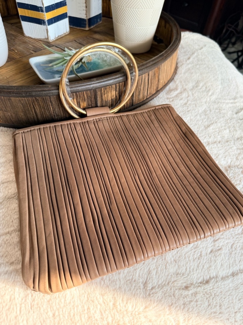 Thacker NYC Pleated Leather Ring Handle Clutch Tan Gold Hardware Crossbody NWT